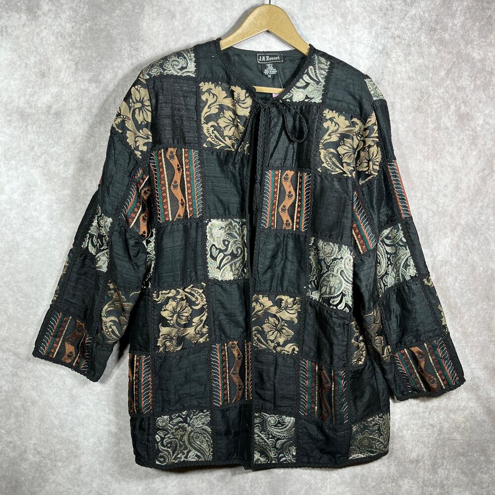 VTG Judith Ann Creations JA Resort‎ Jacket Womens 1X Black Silk Patchwork Artsy